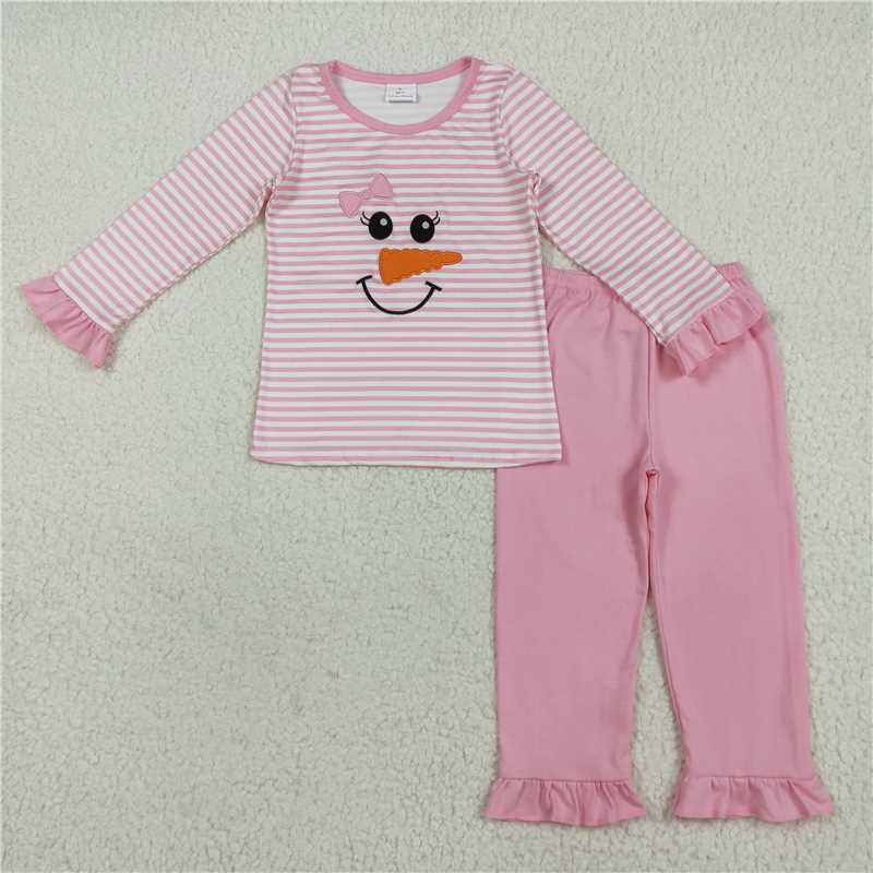 12.8 RTS NO MOQ (In stock)GLP2520 Embroidery Baby Girls Christmas Pink Stripe Bow Snowman Top Pants Pajamas