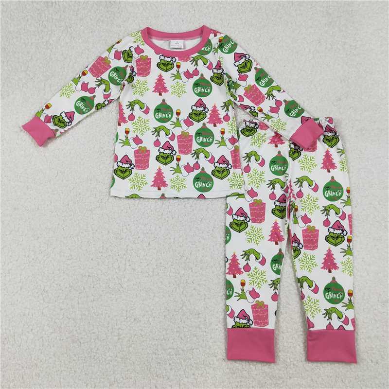 10.28 RTS NO MOQ (In stock)Matching Christmas GLP2733 Baby Girls Green Face Gifts Top Pants Christmas Pajamas Sets