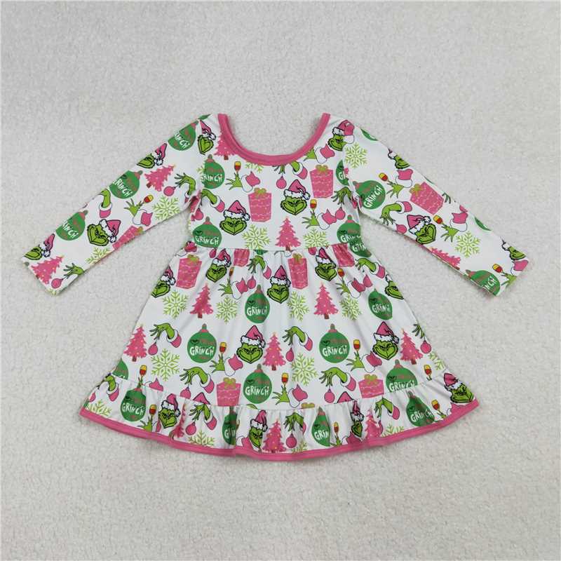 10.28 RTS NO MOQ (In stock)Matching Christmas GLD1277 Baby Girls Green Face Gifts Christmas Ruffle Knee Length Dresses