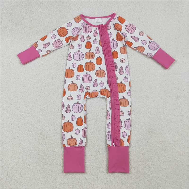 10.27 RTS NO MOQ (In stock)Matching LR2566 Baby Girls Colorful Pumpkins Fall Ruffle Zipper Footie Rompers