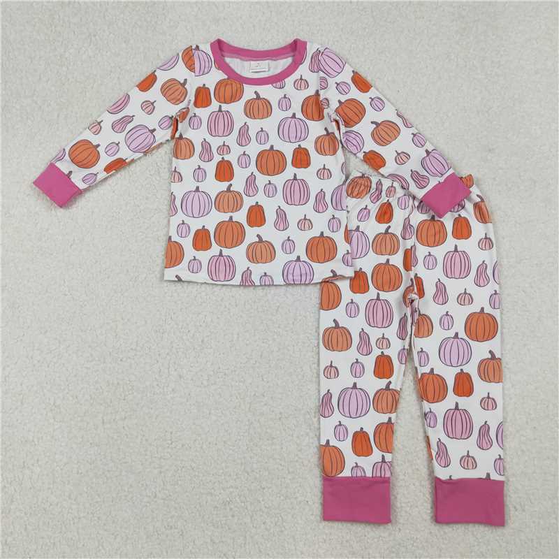10.27 RTS NO MOQ (In stock) Matching GLP2702 Baby Girls Colorful Pumpkins Plaid Top Pants Fall Pajamas Sets