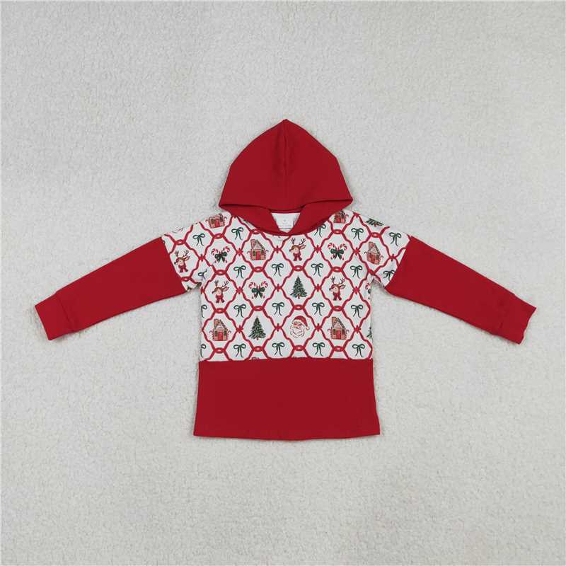 11.19 RTS NO MOQ (In stock)GT1042 Baby Girls Red Christmas Bows Gingerbread Trees Santa Hoodies Tops