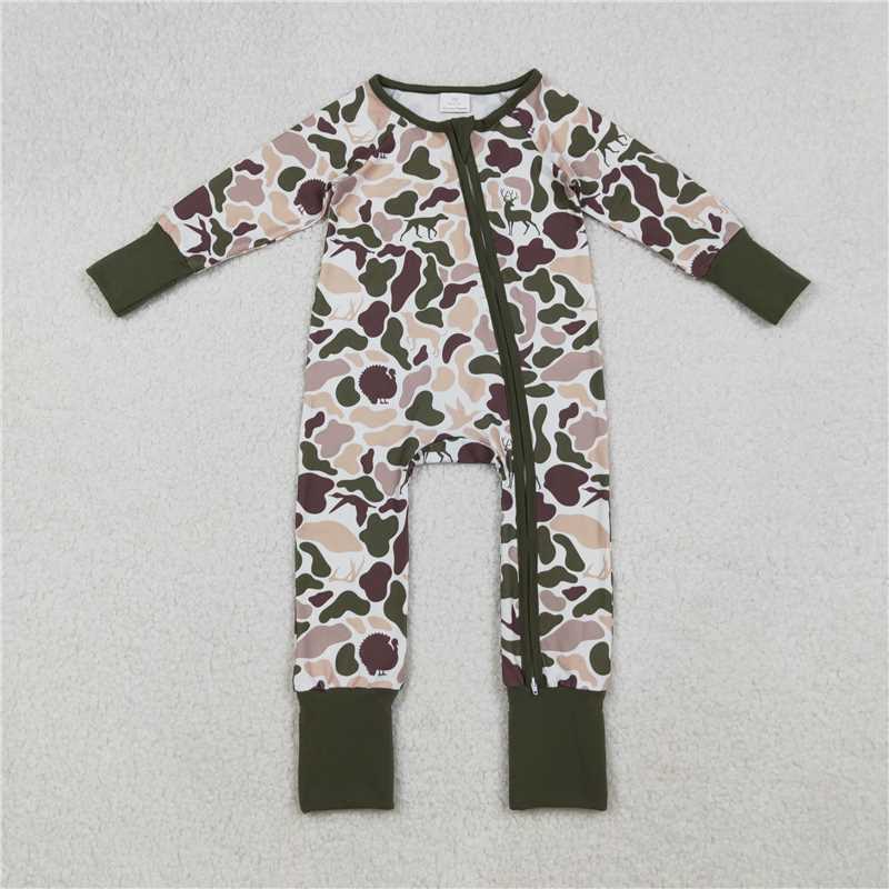 10.30 RTS NO MOQ (In stock)Matching LR2590 Baby Boys Deer Ducks Dogs Camo Southern Zipper Footie Rompers