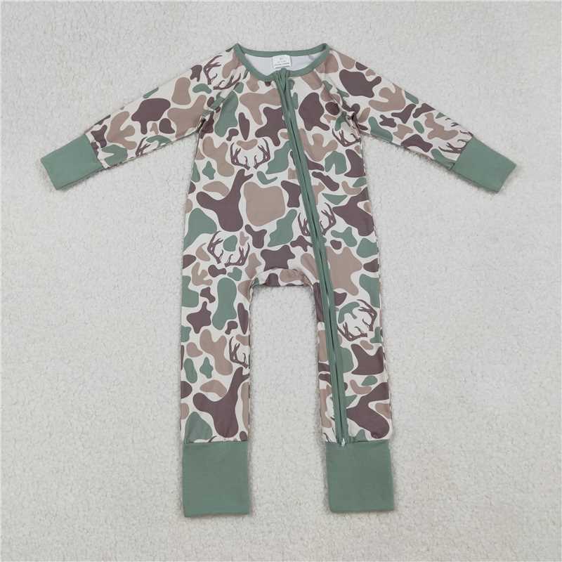 10.31 RTS NO MOQ (In stock)Matching LR2582 Baby Boys Brown Deer Camo Western Zipper Footie Rompers