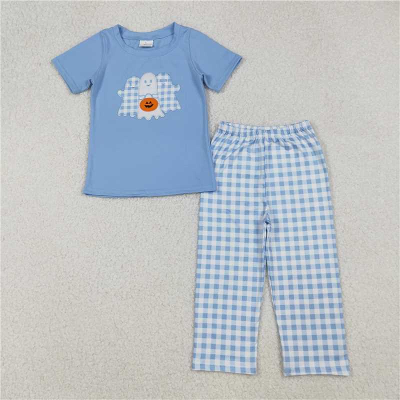 11.5 RTS NO MOQ (In stock)Matching Halloween BSPO0581 Embroidery Baby Boys Ghosts Pumpkins Top Pant Halloween Sets