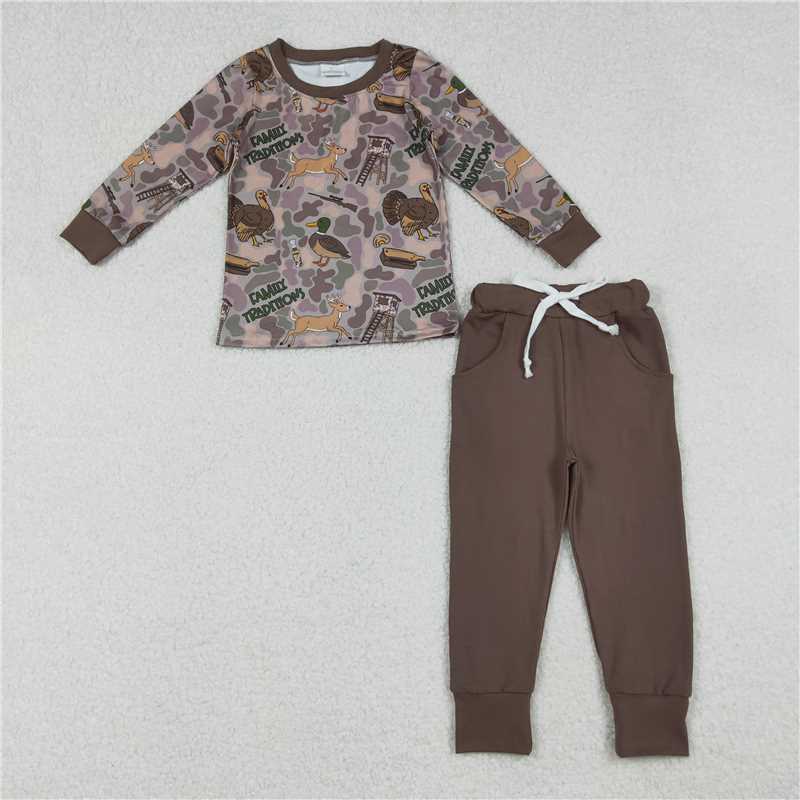 11.1 RTS NO MOQ (In stock)Matching BLP1178 Baby Boys Brown Turkey Ducks Camo Top Pockets Pant Hunting Clothes Set