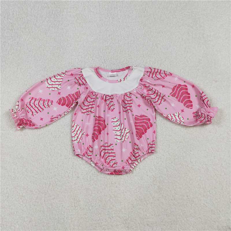 11.29 RTS NO MOQ (In stock)Matching Christmas LR2333 Baby Girls Pink Stripe Trees Stars Christmas Ruffle Sleeve Rompers