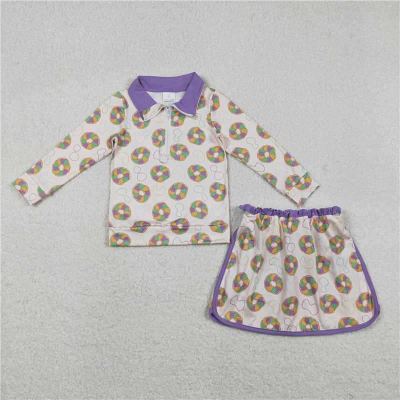 12.18 RTS NO MOQ (In stock)GLD1332 Baby Girls Mardigras Donuts Zipper Pullover Top Skirt Shorts Clothes Sets