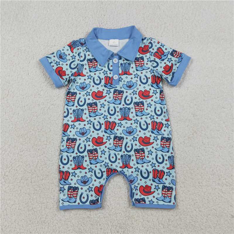 USA Warehouse (IN STOCK) SR3884 Boots hat western baby boy 4th of july polo romper