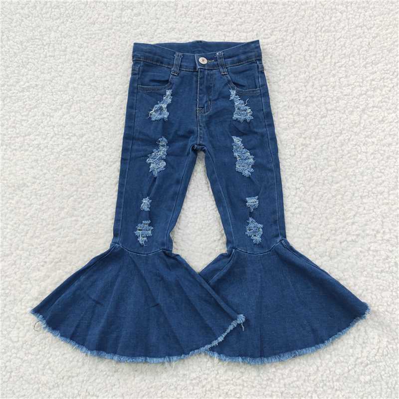 P0133 Baby Girls Navy Distressed Denim Bell Pants