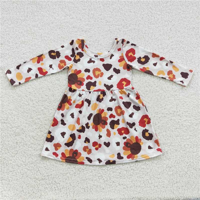 GLD0320 Baby Girls Thanksgiving Leopard Turkey A-Line Knee Length Dresses