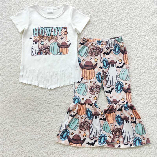 GSPO0803 Howdy pumpkin ghost white tassel short-sleeved trousers suit
