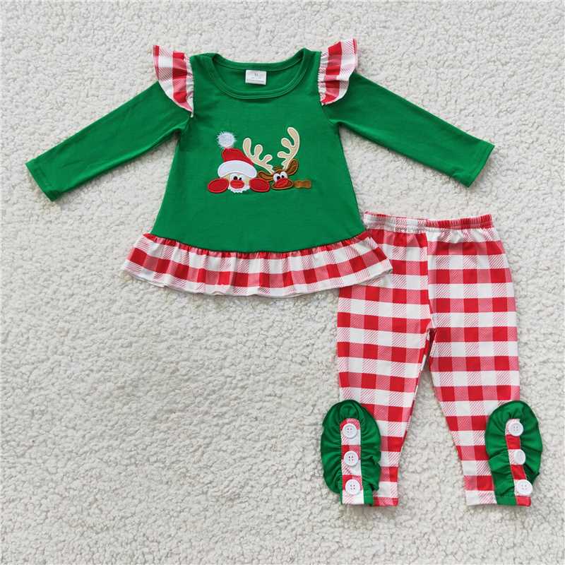 GLP0507 Embroidered Santa Claus reindeer plaid lace green long-sleeved trousers suit