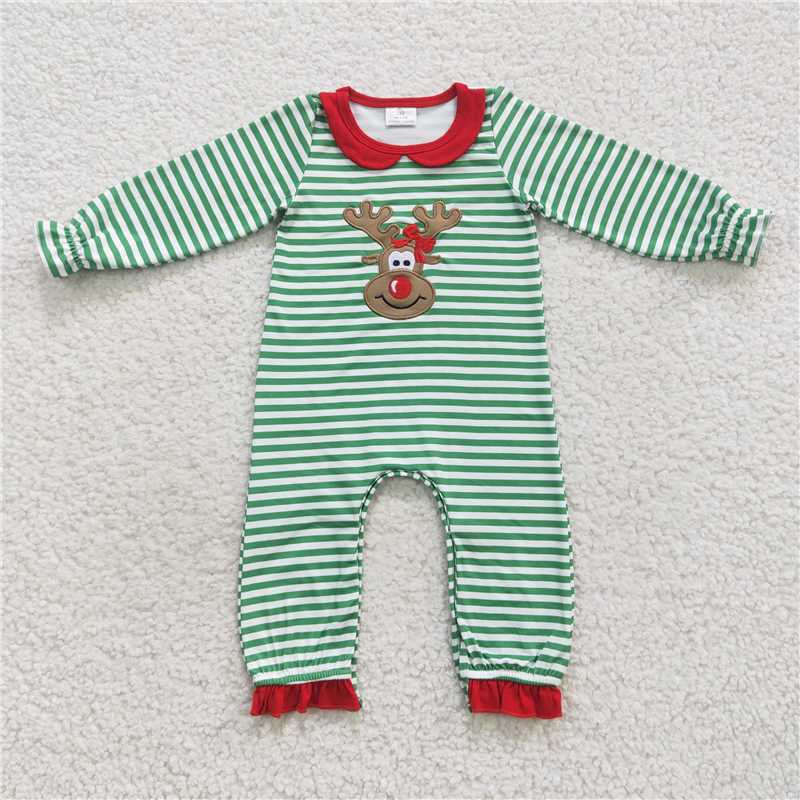 LR0339Reindeer green stripe long sleeves baby girl Christmas romper