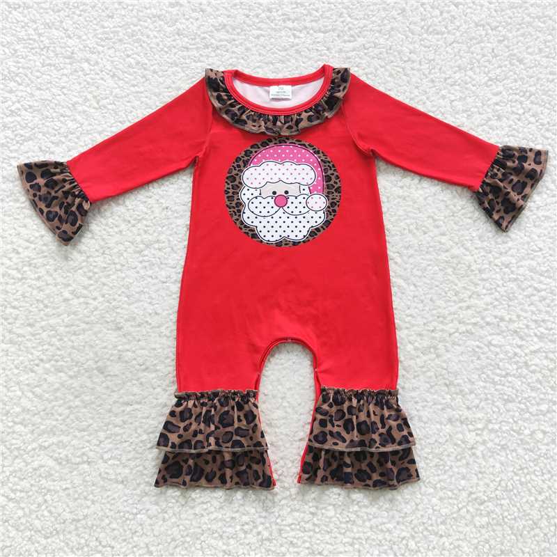 12.3 RTS NO MOQ (In stock)LR0435 Baby Girls Christmas Santa Leopard Long Sleeve Rompers