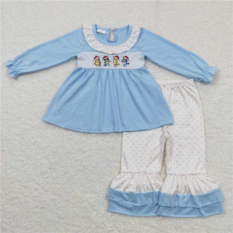 GLP0675 Cartoon bluey embroidery bluey lace blue long-sleeved trousers suit