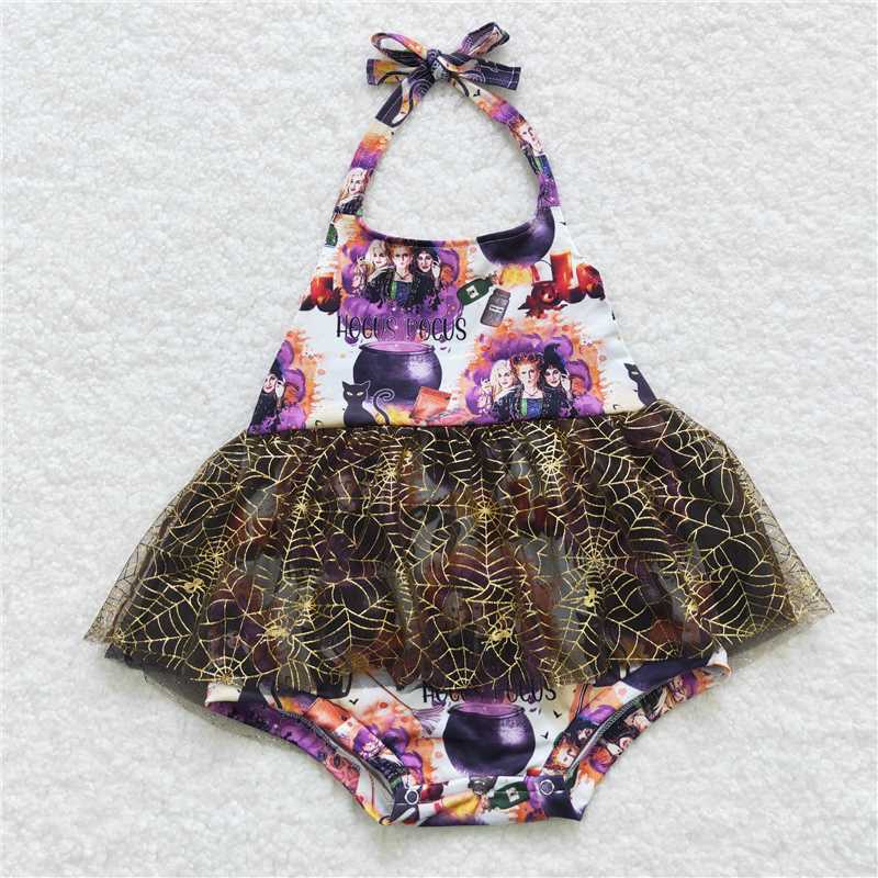 SR0426 Baby Halloween Infant Girls Witches Lace Ruffle Halter Rompers