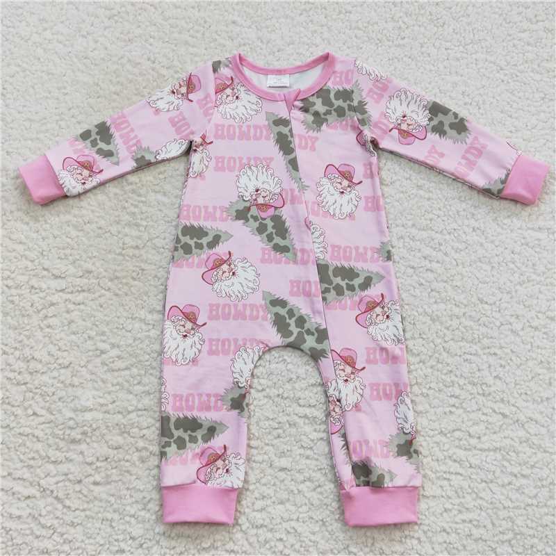 12.3 RTS NO MOQ (In stock)LR0548 Baby Girls Howdy Santa Christmas Pink Long Sleeve Rompers