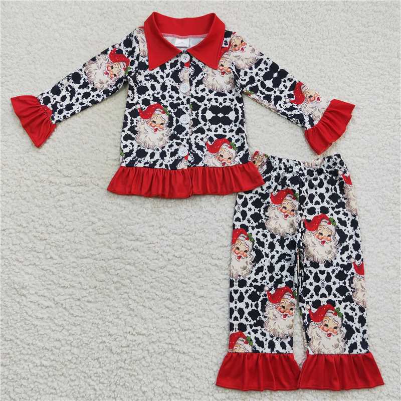 12.10 RTS NO MOQ (In stock)GLP0458 Baby Girls Christmas Santa Cow Print Pajamas Clothes Sets