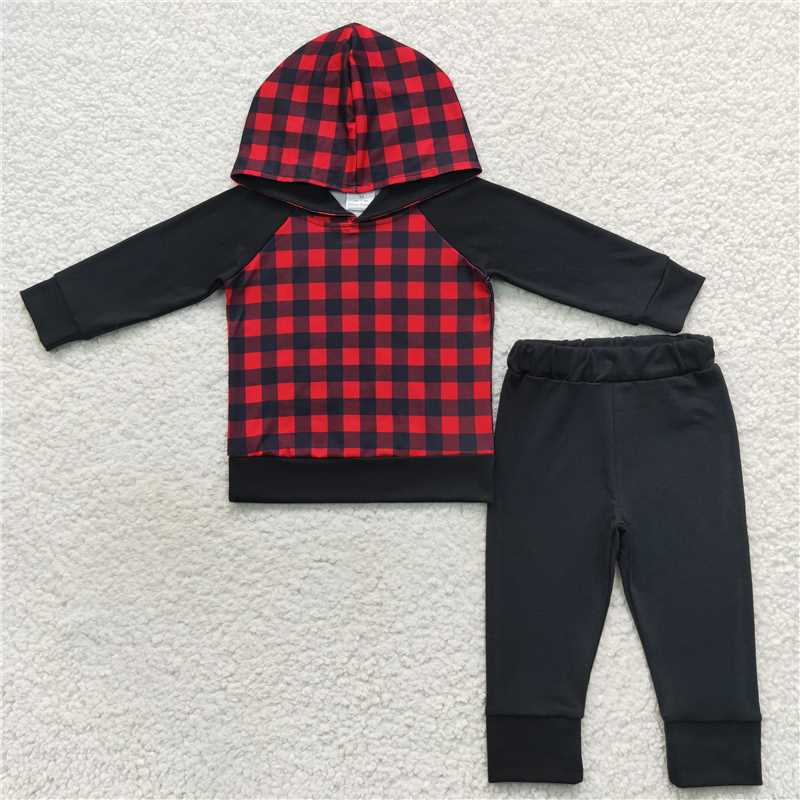 BLP0224 Red and black plaid hooded long-sleeved trousers suit