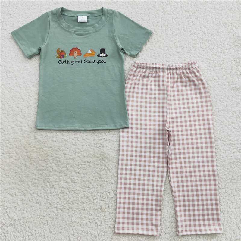 BSPO0163 Baby Boys Thanksgiving Green Turkey 2Pcs Pants Clothes Sets