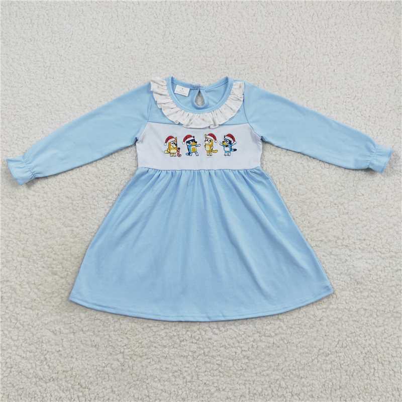 GLD0328 Baby Girls Chrirtmas Cartoon Dogs Long Sleeve Dresses
