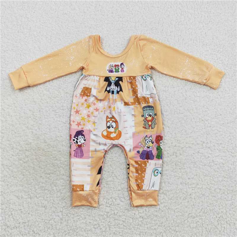LR0637Dog witches long sleeves patchwork baby Halloween romper