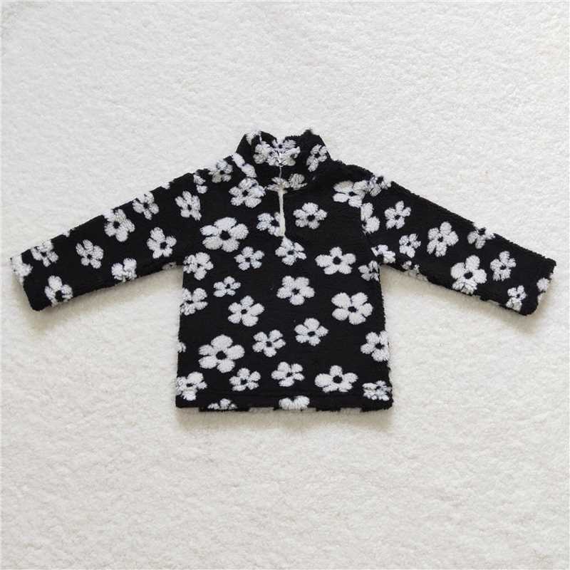 GT0270 Baby Girls Black White Flowers Thick Pullovers Tops