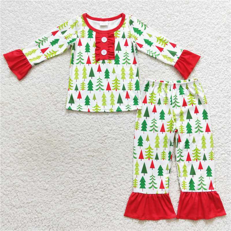 12.3 RTS NO MOQ (In stock)Matching Christmas GLP0725 Baby Girls Christmas Tree Pants Pajamas Clothes Sets