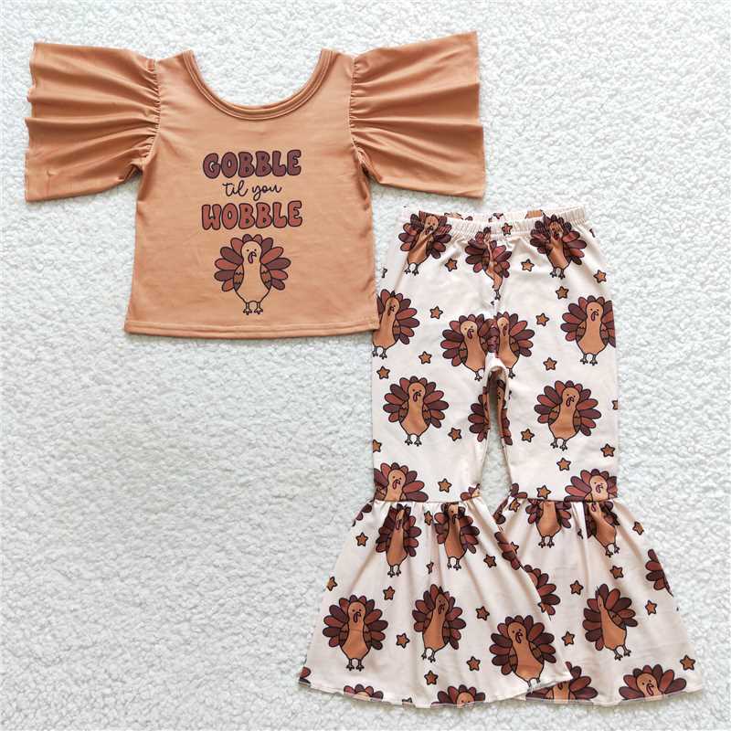10.16 RTS NO MOQ (In stock) Matching thanksgiving GSPO0702 Baby Girls Gobble Turkey Thanksgiving Bell Pants Clothes Sets