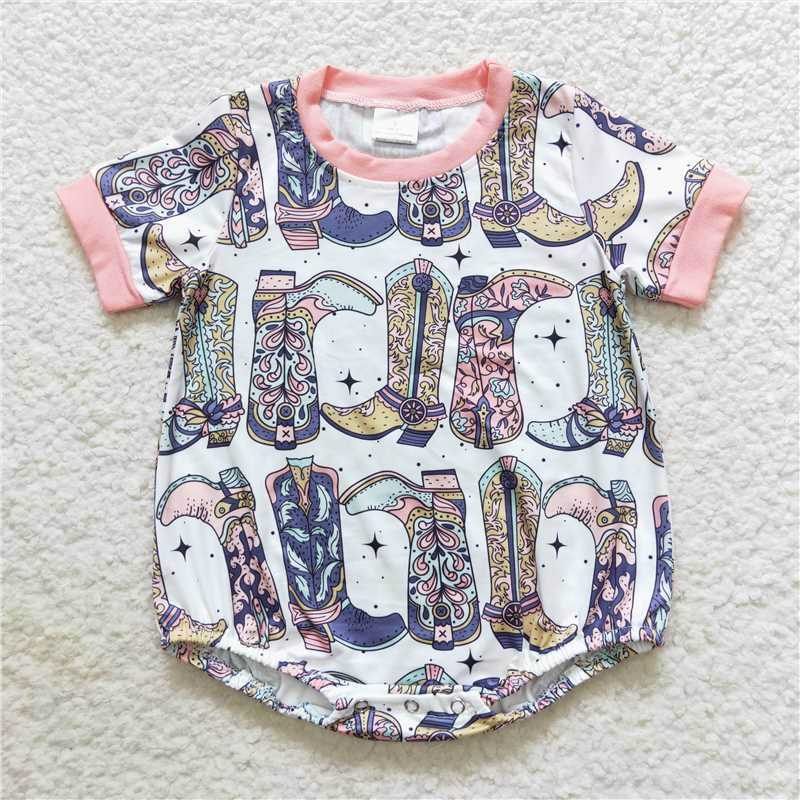 SR0437 Baby Girls Western Boots Pink Rompers