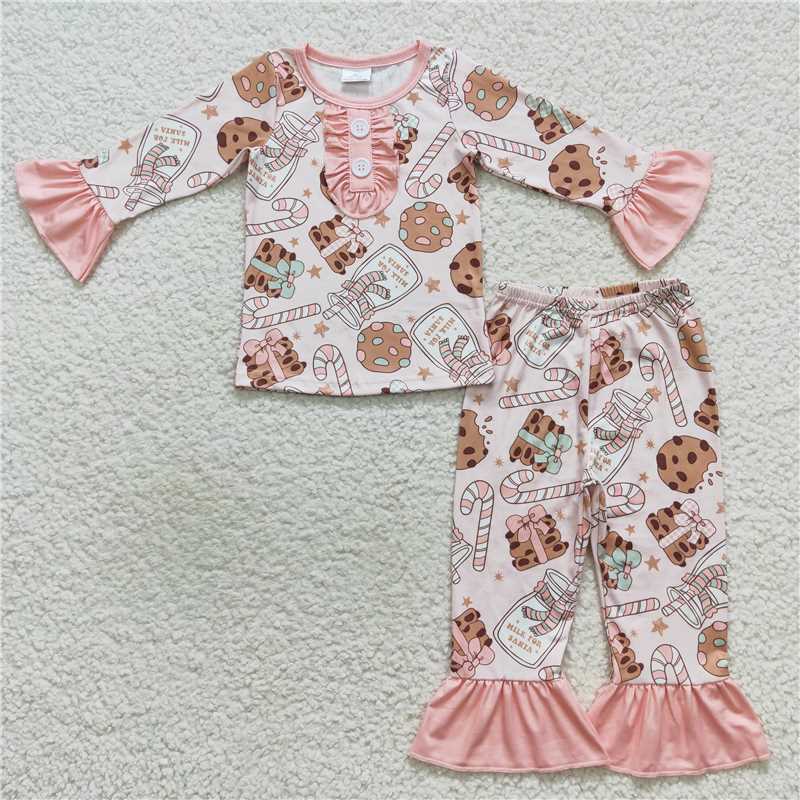 GLP0727RTS NO MOQ Baby Girls Winter Outfits Milk biscuit bottle cane pink long-sleeved trousers suit