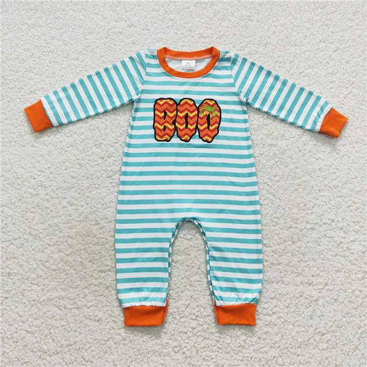 RTS LR0620 Long-sleeved blue and white striped bodysuit with embroidery boo letters