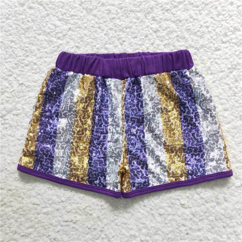 SS0115 Purple, gold and white striped sequined shorts