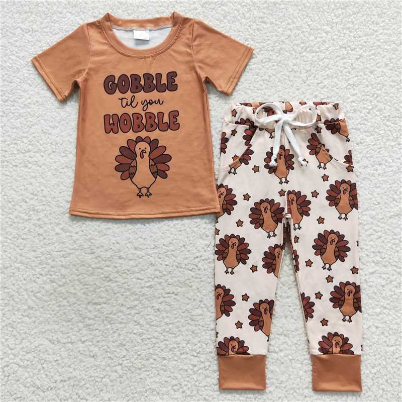 10.16 RTS NO MOQ (In stock) Matching thanksgiving BSPO0119 Baby Boys Gobble Turkey Thanksgiving Pants Clothes Sets