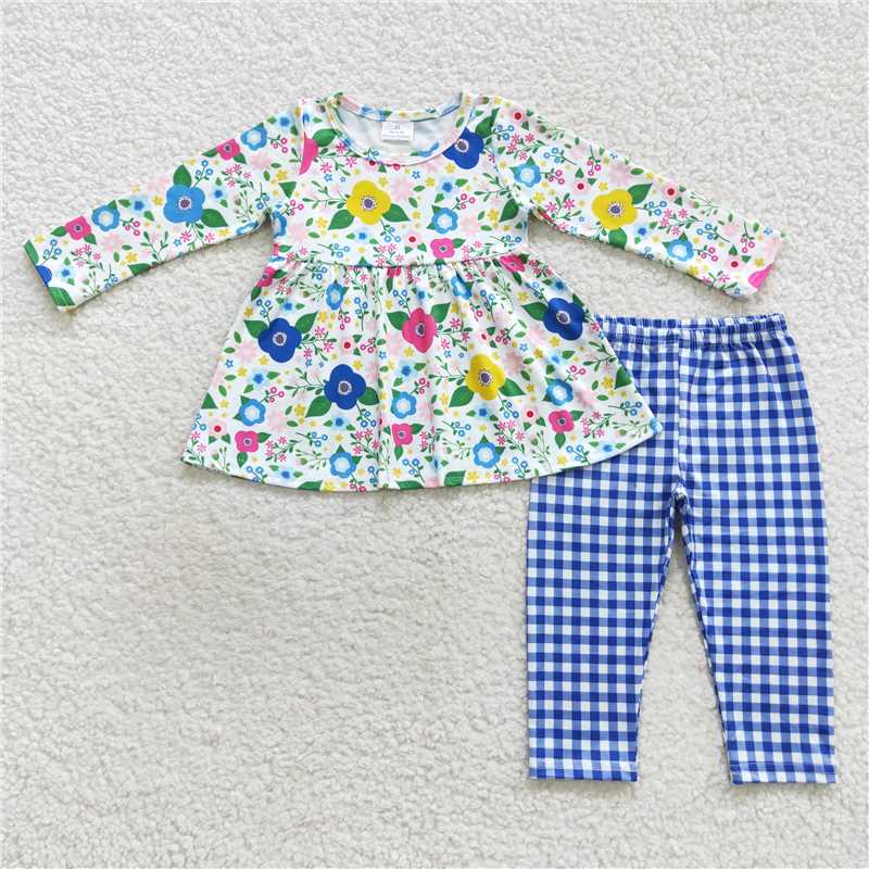 GLP0580Floral tunic blue plaid leggings girls fall clothing