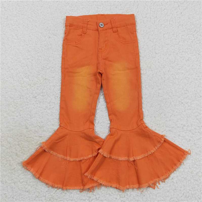 P0322 Baby Girls Orange Blached Double Ruffle Denim Jeans Pants