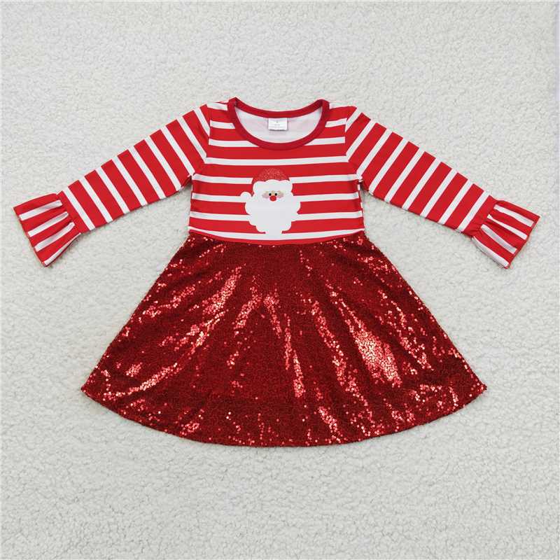 11.24 RTS NO MOQ (In stock)GLD0371 Baby Girls Christmas Santa Sequin Skirts Long Sleeve Dresses