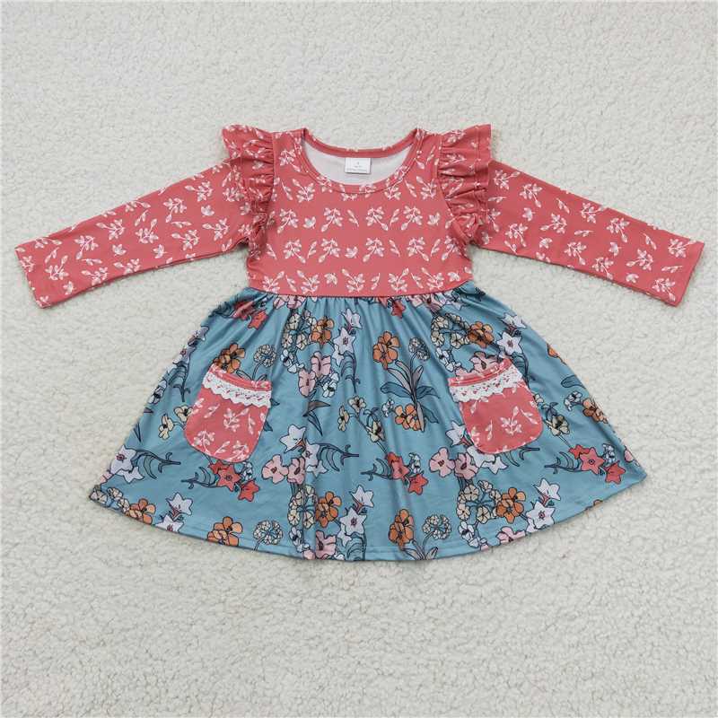GLD0338 Baby Girls Orange Floral Long Sleeve Pocket Twirl Dresses