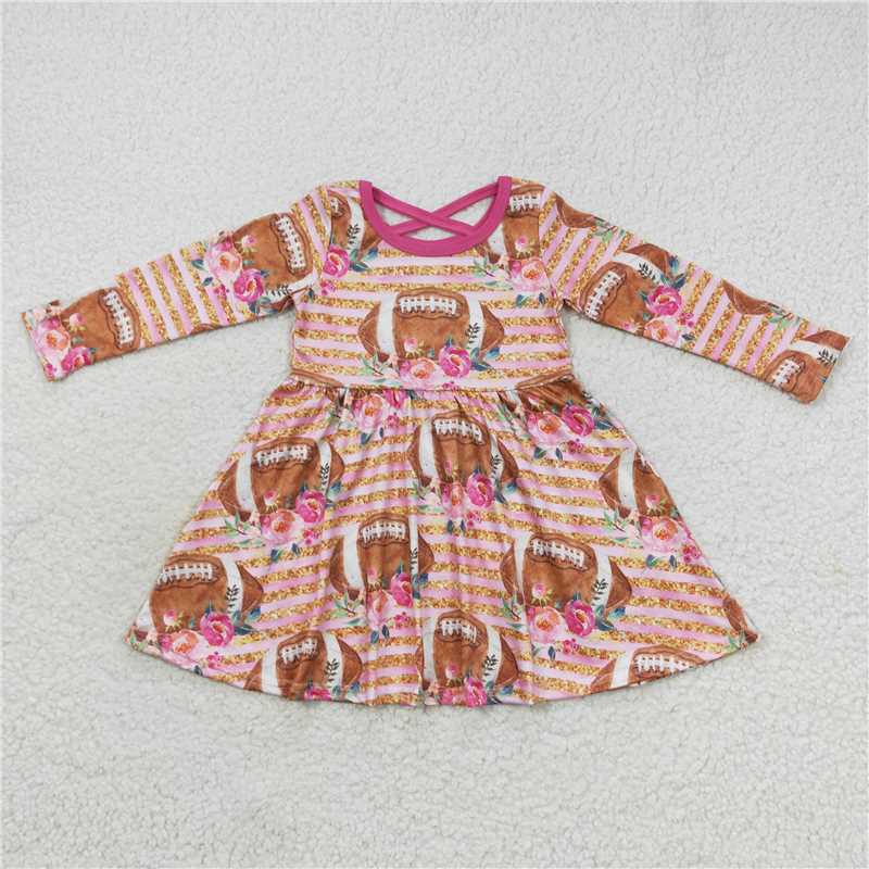 GLD0326 Baby Girls Pink Football Flowers Long Sleeve Dresses