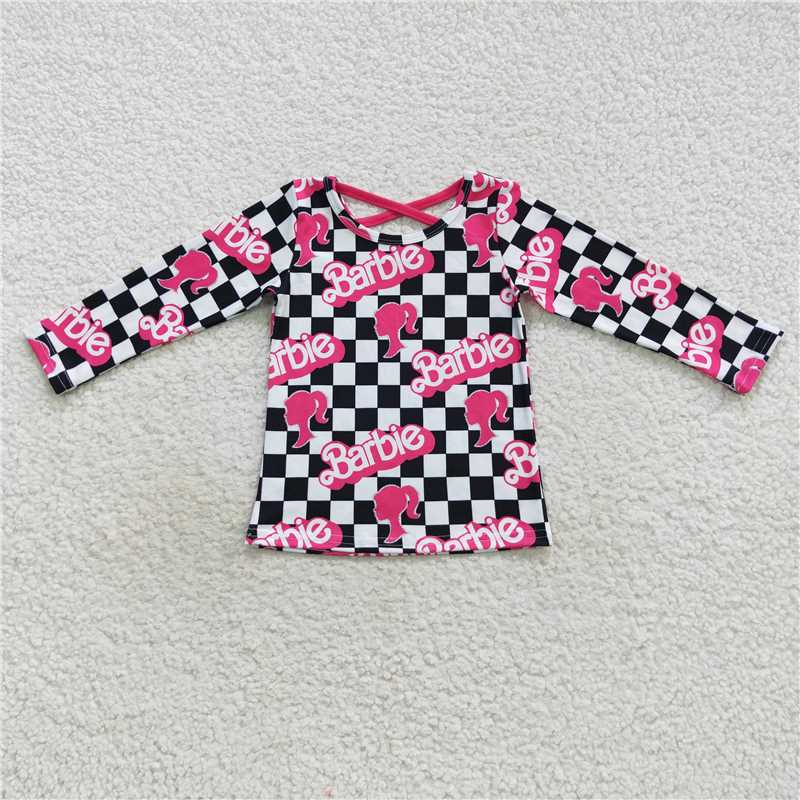GT0287 Baby Girls Hotpink Doll Checkered Long Sleeve T-Shirts Tops