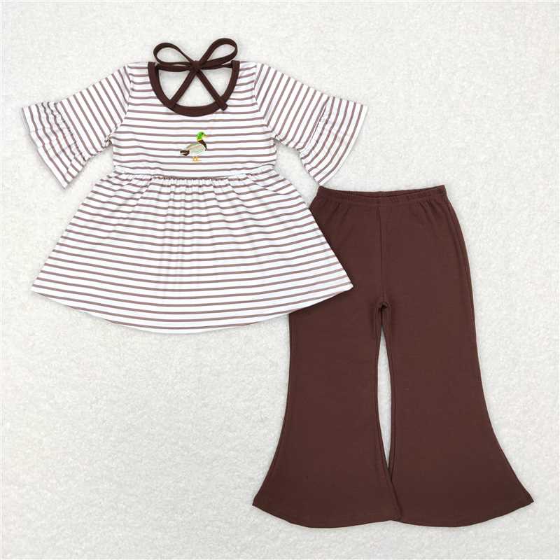 GSPO1020 Embroidered duck stripe lace short-sleeved brown trousers suit