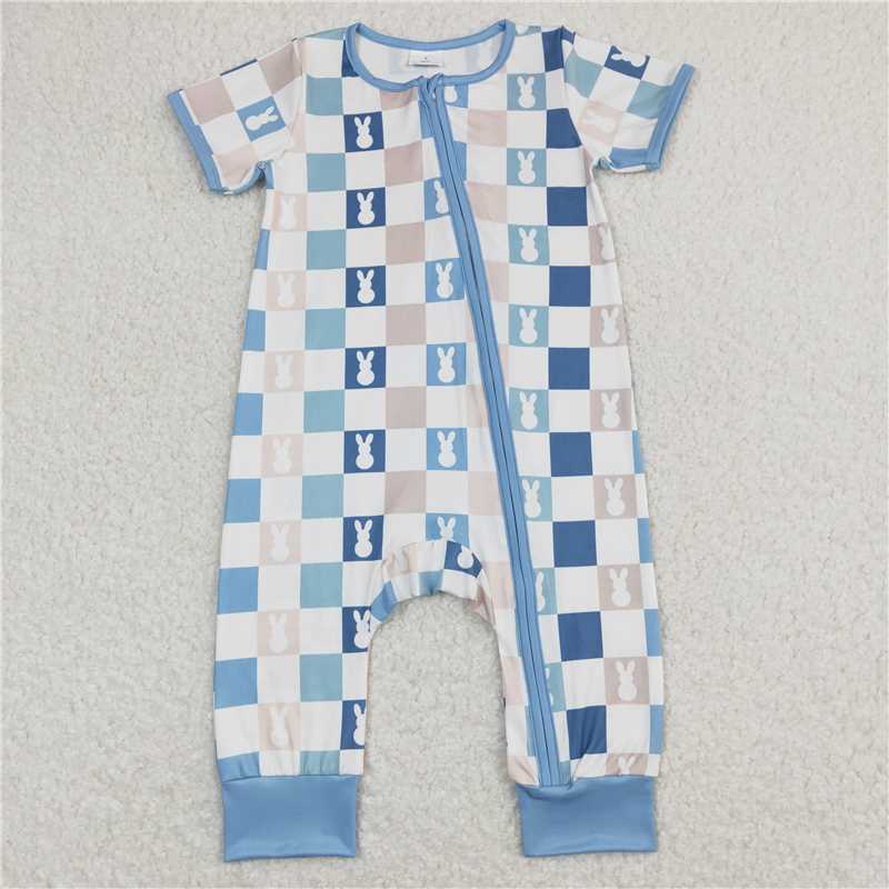 SR1013 Baby Infant Kids Blue Checkered Rabbits Zip Rompers