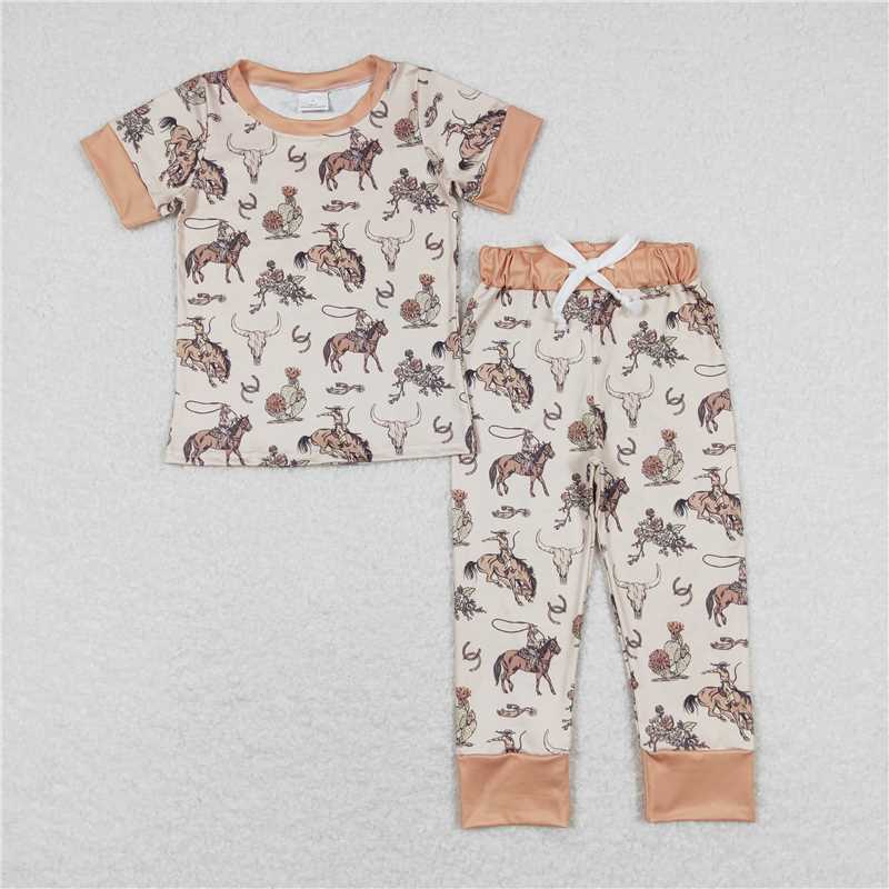 BSPO0344 Baby Boys Rodeo Cow Skull Tee Shirt Pants Pajamas Clothes Sets