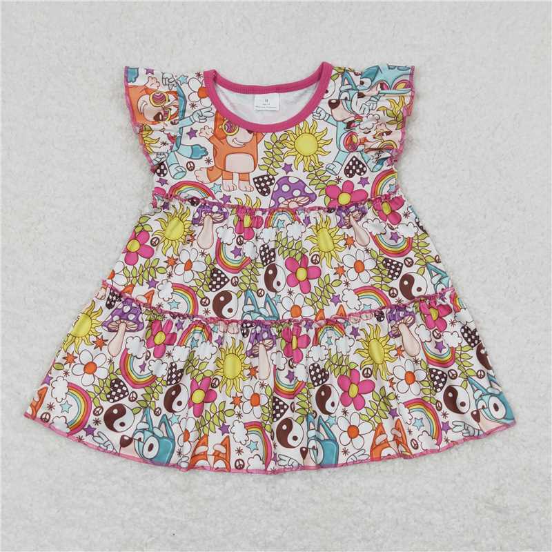 GT0477 Flutter sleeves sun rainbow dog girls shirt