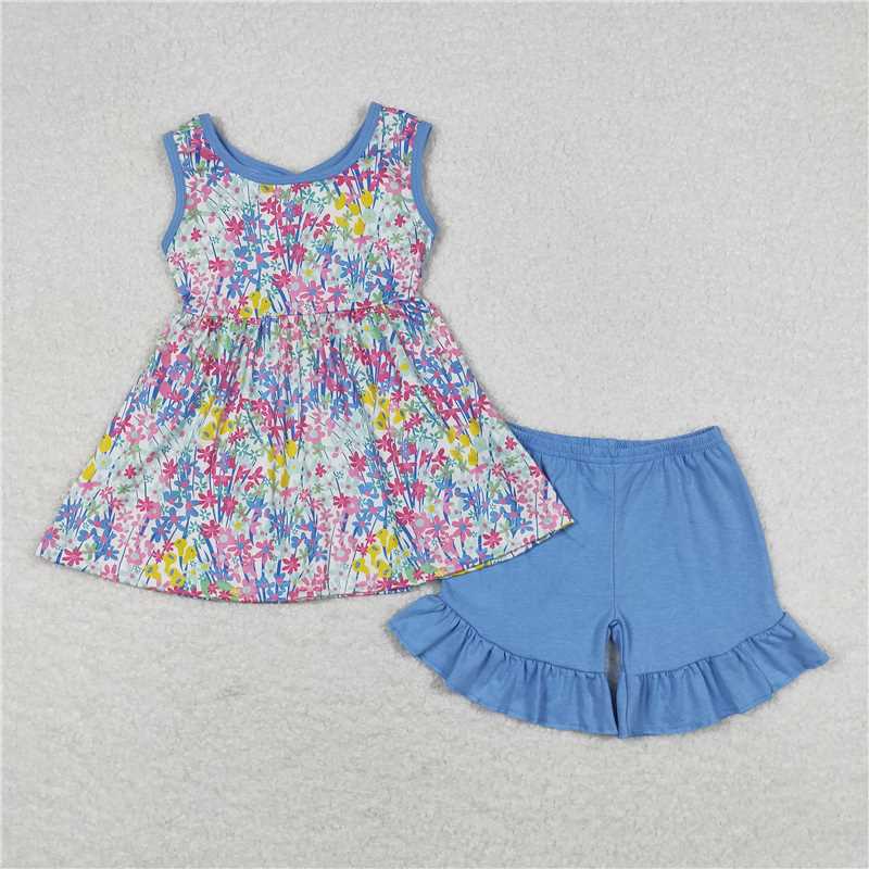 GSSO0547Sleeveless floral tunic ruffle shorts girls summer clothes