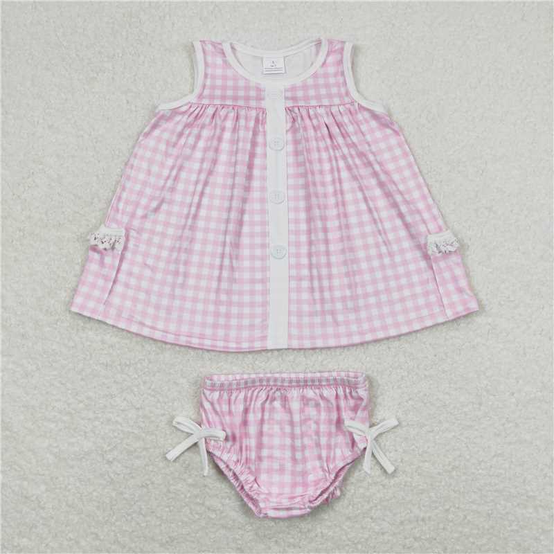 GBO0263 Baby Girls Pink Checkered Tunic Top Bummies Clothes Sets