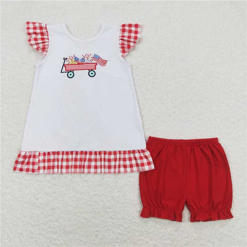 GSSO0662 Embroidered fireworks flag cart red plaid lace flying sleeve shorts suit