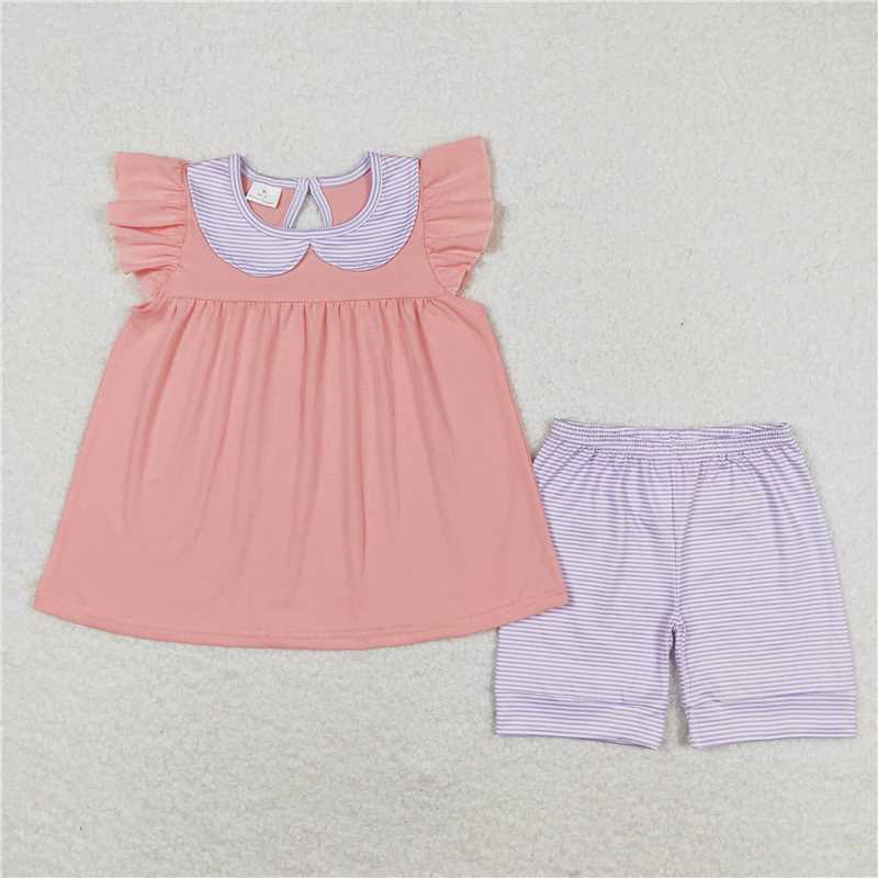 GSSO1066 Purple striped doll collar pink and orange flying sleeves shorts set