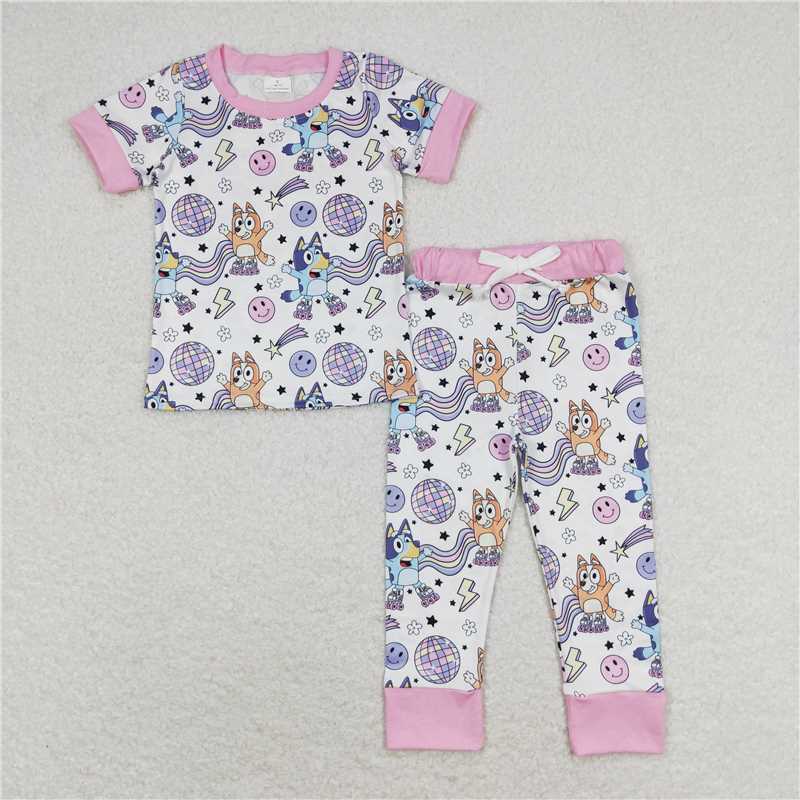 GSPO1508 bluey light ball smiley face lightning pink and white short-sleeved trousers pajamas set